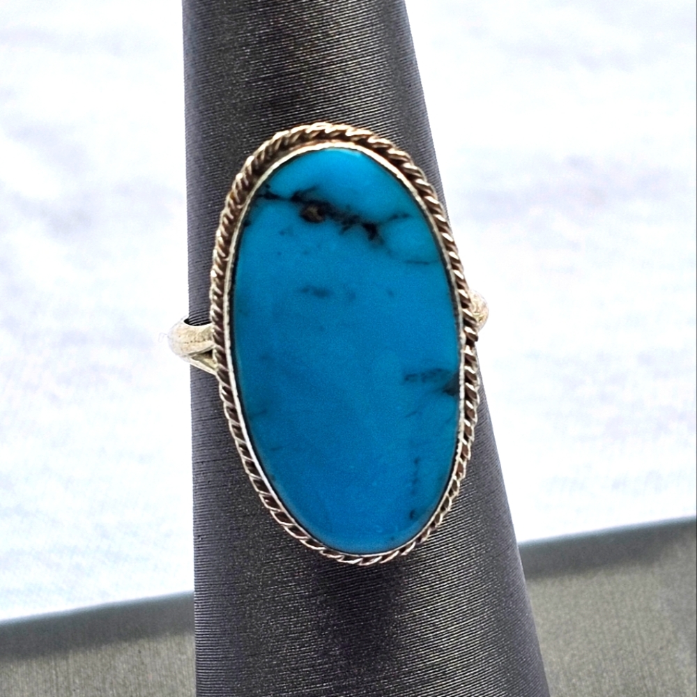 Southwestern Sterling Silver And Turquoise Elongated Ring Size 5.5